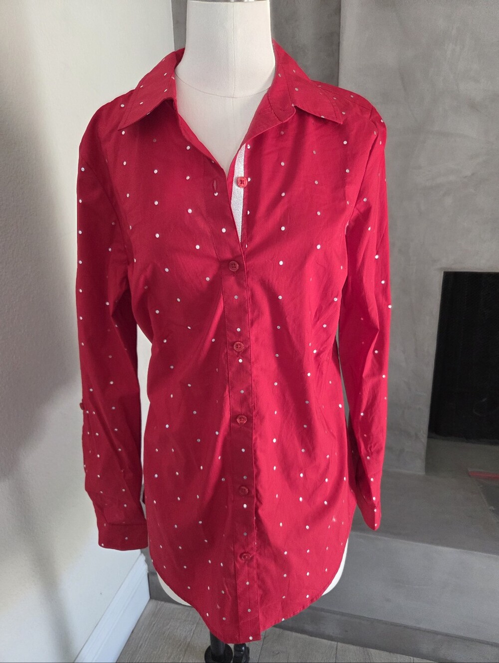 NWT Women’s Red Polka Dot Button-Up Shirt 100% Cotton